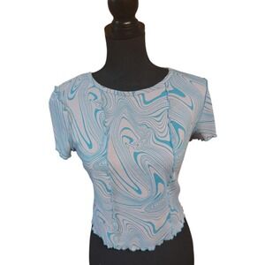 SO Juniors Swirl Purple Blue Retro Y2K Crop Top Large Short Sleeve Exposed Seam